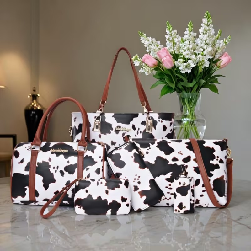 Women'S Crossbody Bags - 6-delige PU lederen tasjesset met koeienprint,